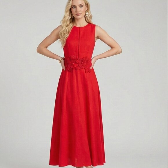 Linen Maxi Dress With Floral Applique Belt Red - Picture 3 of 10